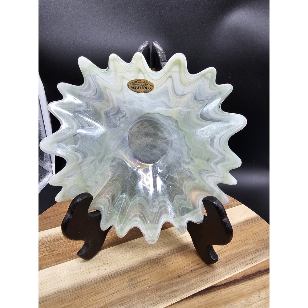 Vintage Hand-Blown Glass Bowl Candy Dish Murano Style Art Green Swirl